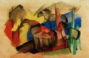 Tre cavalli in un paesaggio con case da Franz Marc