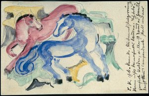 "Cavallo rosso e blu", Franz Marc da Sindelsdorf a Wassily Kandinsky a Monaco: Cartolina, timbro postale 05.04.1913 da Franz Marc
