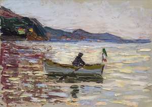 Veduta di Rapallo con barca sul mare