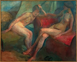 Due nudi su un divano rosso