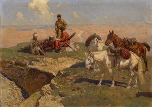 Cavalieri caucasici a riposo, 1917 da Franz Roubaud