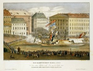 Il piroscafo Maria Anna, partenza per Linz 12 ... (litografia)