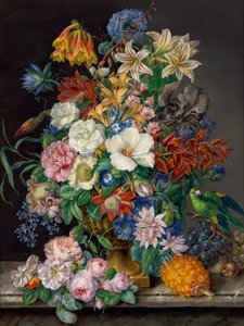 Composizione floreale con ananas, uva e pappagallo da Franz Xaver Petter