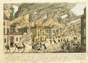 Veduta di New York durante il grande incendio del 1776; Representation du Feu Terrible a Nouvelle York, 1780 da Franz Xaver Habermann