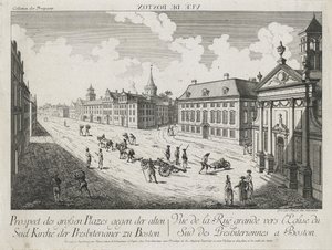 Vue d’Optique/Prospettiva delle grandi Piazze verso la Vecchia Chiesa Presbiteriana del Sud a Boston, c. 1776 da Franz Xavier Habermann
