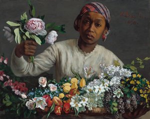 Giovane donna con peonie da Frédéric Bazille
