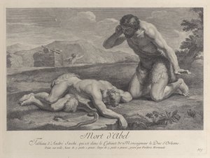 Adamo si inginocchia nel dolore accanto al corpo di Abele, mentre Caino fugge sullo sfondo, ca. 1729 da Frédéric Horthemels