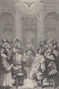 La Pentecoste, con gli Apostoli e la Vergine seduti in cerchio, lo Spirito Santo