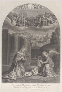 La Vergine Maria che adora il Bambino Gesù, un angelo che tiene una corona di spine a destra, ca. 1729 da Frédéric Horthemels