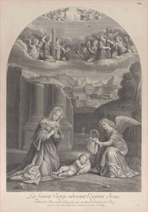 La Vergine Maria adora il bambino Gesù, un angelo tiene una corona di spine a destra
