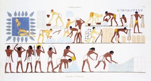Fabbricazione di mattoni, da un raro registro di affreschi di Tebe, registrato 1819-1822 durante la sua seconda visita in Egitto da Frederic Cailliaud (1787-1869), litografia a colori