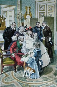La visita ai nonni, dopo un acquerello originale, fine XIX secolo (litografia a colori)