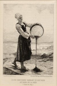 Una giovane bretone che vaglia il grano saraceno al mare, inciso da Cadart nel 1874 da Frederic Auguste Laguillermie