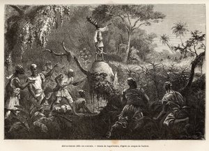 Abd es Samate, amico e luogotenente di Mounza, re dei Mombuttous, sfida i suoi nemici i Zandes (o niam niam) che hanno dichiarato guerra a loro, incisione dopo il disegno di Laguillermie, illustrando un viaggio nel cuore dell