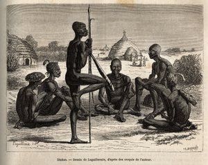 Dinka del villaggio di Koudj (Senegal), il cui corpo è coperto di cenere, per proteggerli da insetti e parassiti, è anche una caratteristica cosmetica e sociale, inciso dal disegno di Laguillermie, che illustra il viaggio nel cuore dell