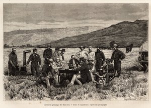 La missione geologica degli Stati Uniti è giovane nella pianura, incisa dopo il disegno di Laguillermie, illustrando una serie di missioni geografiche attraverso il Parco Nazionale degli Stati Uniti, dal 1870 al 1872, di signori Hayden, Doane e Langford, p da Frederic Auguste Laguillermie