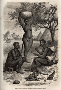 Tipi e attività delle donne Bongos (Sudan centrale), con i loro ornamenti metallici, campane e graffette che mettono sulle orecchie e sulle labbra, incisione dopo il disegno di Laguillermie, illustrando il viaggio nel cuore dell