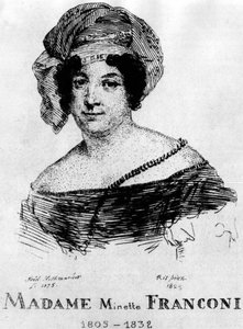Circo: Acquaforte di Frédéric Hillemacher, ritratto di Mrs. Minette Franconi (1805-1832) - in "Il Circo Franconi" da Frederic Desire Hillemacher