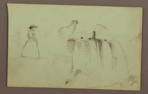 Una ragazza che cammina, un pollo accovacciato e le cascate americane sul fiume Niagara da Frederic Edwin Church