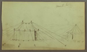 Disegno, una tenda oblunga decorata e una tenda circolare fissata da corde, 2 marzo 1868 da Frederic Edwin Church