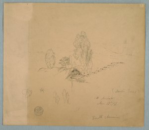 Disegno, Un tetto di paglia e un tetto di tegole con cime di alberi in un paesaggio montuoso vicino al Chimborazo, Ambato, Ecuador, 17 giugno 1857 da Frederic Edwin Church