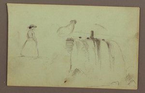 Disegno, Una ragazza che cammina, un pollo accovacciato e le cascate americane sul fiume Niagara, forse 1856 da Frederic Edwin Church