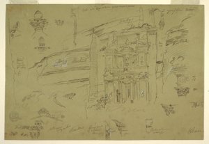Disegno, Dettagli architettonici di El Khasneh, Petra, fine febbraio 1868 da Frederic Edwin Church