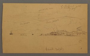 Disegno, baia con case, montagne alle spalle, gennaio 1868 da Frederic Edwin Church