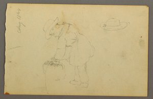 Disegno, ragazzo appoggiato a un sacco, cappello, 1844