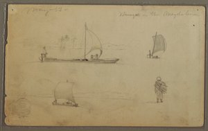 Disegno, Bungoes: Schizzi di barche a vela e lavoratori, lungo il Rio Magdalena, Colombia, maggio 1853 da Frederic Edwin Church