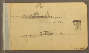 Disegno, chiesa, torre, casa; verso: catena montuosa, 1889
