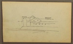 Disegno, chiesa, torri; verso: figure in canoa, schizzi botanici, 1857