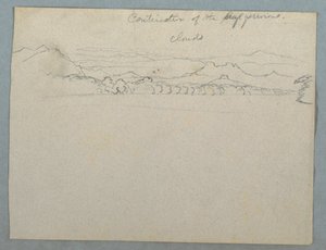 Disegno, Paesaggio montuoso sudamericano coperto di nuvole visto accanto a una baia, parte 2, 1853, probabilmente maggio. da Frederic Edwin Church