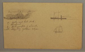 Disegno, studio di nuvola, piroscafo, barca a vela, forse 1865-66