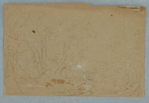 Disegno, Cielo nuvoloso su un paesaggio collinare; verso: Luna piena riflessa in un ruscello, 1845-50 da Frederic Edwin Church