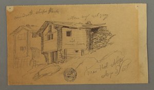 Disegno, dettagli di capanne di montagna, case e una roccia, Alpi Bernesi, Svizzera, 3 settembre 1868 da Frederic Edwin Church