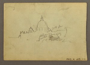 Disegno, Veduta distante della cupola della Basilica di San Pietro, Roma, Italia, gennaio 1869