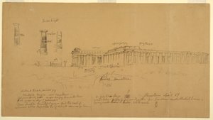 Disegno, Templi dorici greci di Atena (già Cerere), Era II (già Nettuno) ed Era I (già Basilica), Paestum, Salerno, Italia, aprile 1869 da Frederic Edwin Church