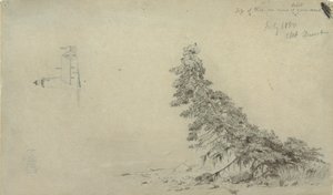 Disegno, Albero sempreverde vicino alla riva con un dettaglio del faro e di una casa, Mount Desert, Maine, luglio 1850 da Frederic Edwin Church