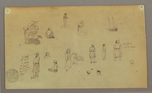 Disegno, Studi di figure, asino da soma, barca a vela, forse 1868 da Frederic Edwin Church