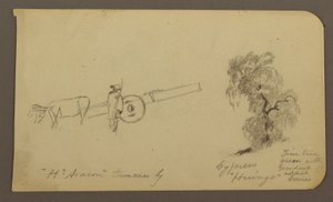 Disegno, Figura e carro a buoi, cipresso; verso: Veduta del lago Cuitzeo, gennaio 1885 da Frederic Edwin Church