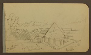 Disegno, giardino, casa, Cuautla; verso: chiesa, fienile, Cuautla, febbraio 1885 da Frederic Edwin Church