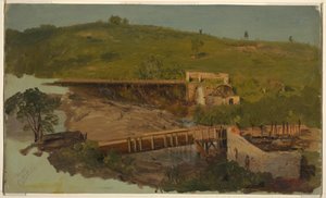 Disegno, collina con viadotti e mulini in rovina, vicino a Catskill, New York, 1865 ca.