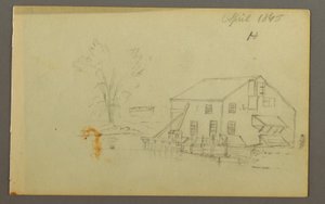 Disegno, edificio a soppalco con pontile accanto a un ruscello, 1845