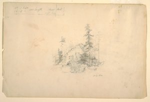Disegno, capanna di tronchi circondata da alberi, luglio 1844