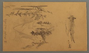 Disegno, Uomo in barca, Picco roccioso sopra i pini, forse 1868