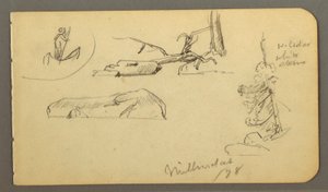 Disegno, uomo in barca, massi, tronco d