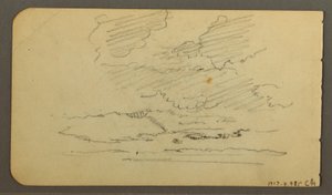Disegno, uomo in barca, massi, tronco d