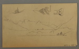 Disegno, Castello medievale, due torri, studi di figure, vicino a Thun, forse 1868