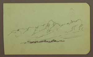 Disegno, paesaggio montano; verso: catena montuosa, figura, 1883